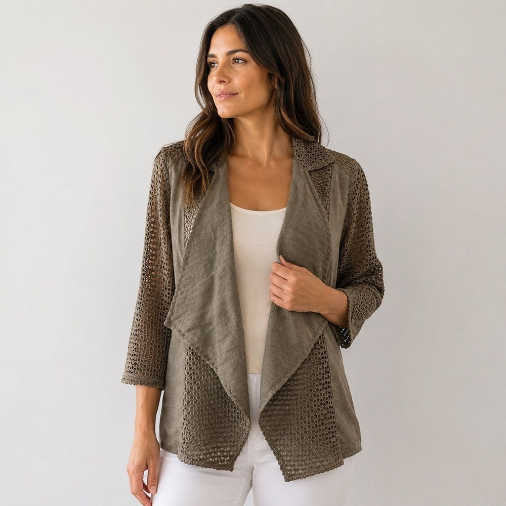 Mixed Media Crochet Mesh Open Front Cardigan Jacket Olive Taupe 3/4 Sleeve L